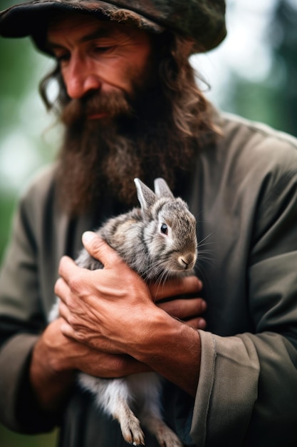 Aufnahme eines nicht wiederzuerkennenden Mannes, der ein Kaninchen in seinen Händen hält, erstellt mit generativer KI