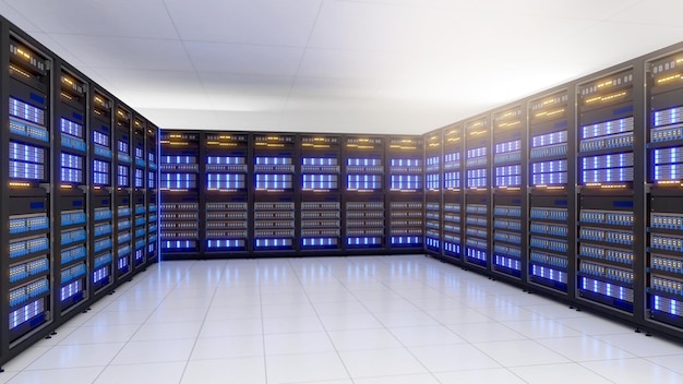 Aufnahme eines Rechenzentrums mit mehreren Reihen voll funktionsfähiger Server-Racks Moderne Telekommunikation Künstliche IntelligenzServer room3d-Rendering