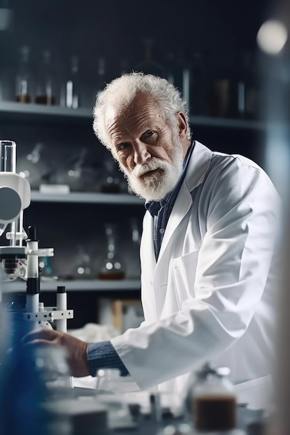 Aufnahme eines reifen männlichen Wissenschaftlers, der in seinem mit generativer KI erstellten Labor arbeitet