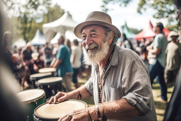 Aufnahme eines reifen Mannes, der während eines mit generativer KI erstellten Festivals im Freien Schlagzeug spielt