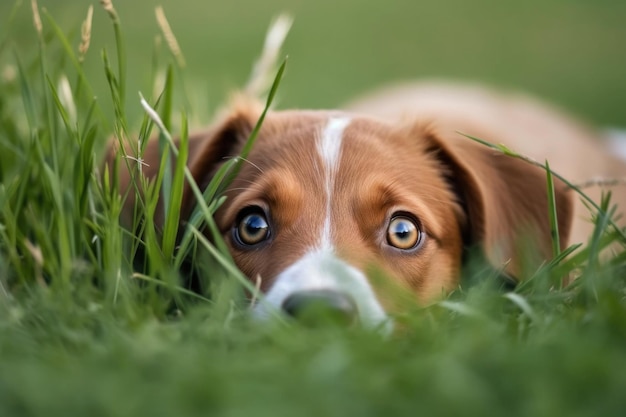 Aufnahme eines süßen braun-weißen Hundes, dessen Kopf im Gras hervorragt, erstellt mit generativer KI