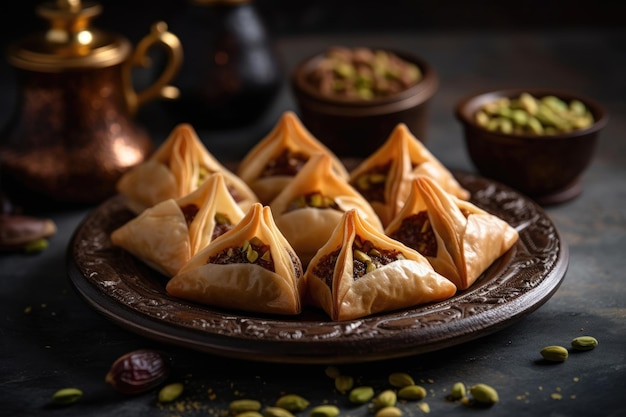 Aufnahme eines traditionellen Ramadan-Desserts wie Baklava oder Qatayef auf dem Teller mit generativer KI