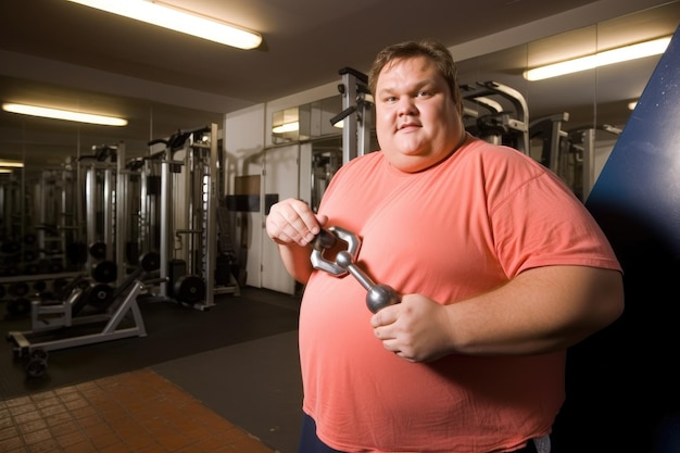 Aufnahme eines übergewichtigen Mannes, der einen Schlüssel zu einem Fitnessstudio und einige mit generativer KI hergestellte Früchte in der Hand hält
