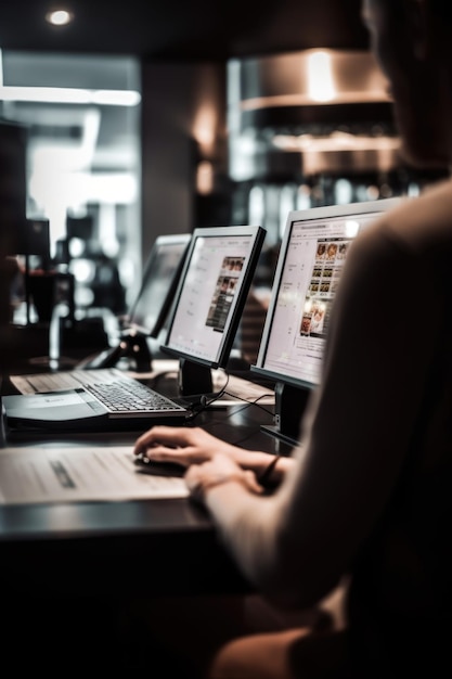 Aufnahme eines unerkennbaren Kunden mit einem Computer im Café, erstellt mit generativer KI