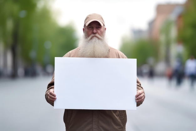 Foto aufnahme eines unerkennbaren mannes mit einem leeren plakat, der im freien steht