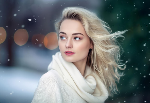 Aufnahme eines weißen Winterpullovers für eine Frau. Süßes Make-up. Generiere Ai