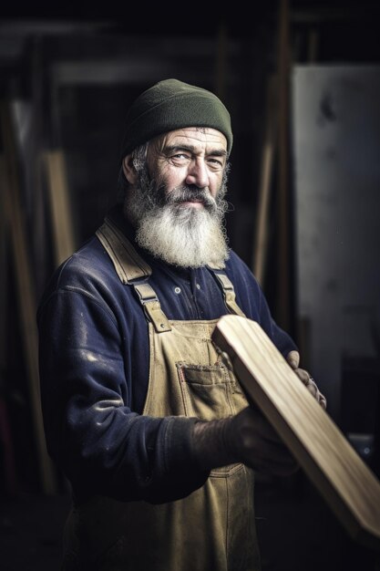 Foto aufnahme eines zimmermanns, der ein mit generativer ki erstelltes stück holz hält