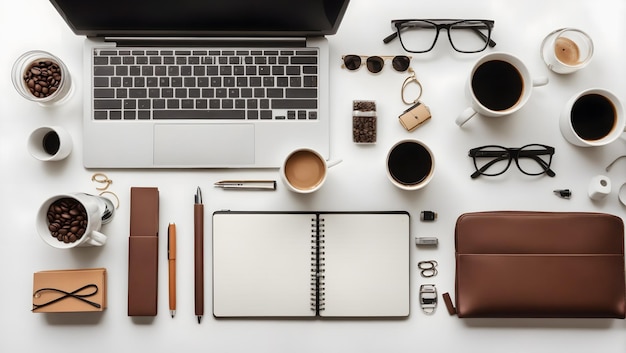 Aufnahme im Knolling-Stil von Laptop, Notebook, Kaffee und Bürobedarf auf weißem Schreibtisch