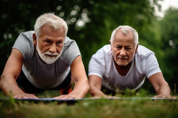 Foto aufnahme von älteren männern, die draußen zusammen yoga machen, erstellt mit generativer ki