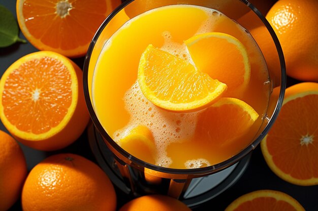 Foto aufnahme von einem glas orangensaft mit verstreuten orangenchälzen