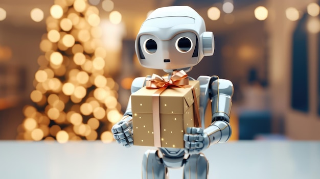 Aufnahme von einem Roboter, der eine kleine Geschenkkiste hält. Feiertags- und Feierkonzept