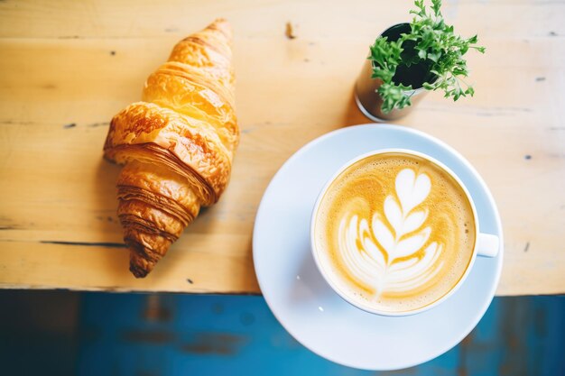 Foto aufnahme von einer latte neben einem croissant