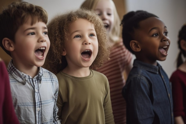 Foto aufnahme von kleinen kindern, die während einer musikstunde zusammen singen, erstellt mit generativer ai