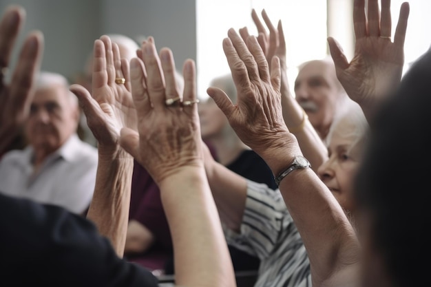 Foto aufnahme von menschen, die während einer diskussion in einer werkstatt die hände heben