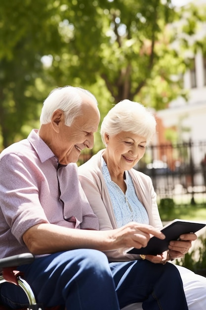 Aufnahme von zwei älteren Bürgern, die ein digitales Tablet benutzen, während sie draußen sitzen, erstellt mit generativer KI