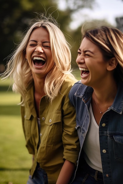 Foto aufnahme von zwei freunden, die in einem park lachen, der mit generativer ki erstellt wurde