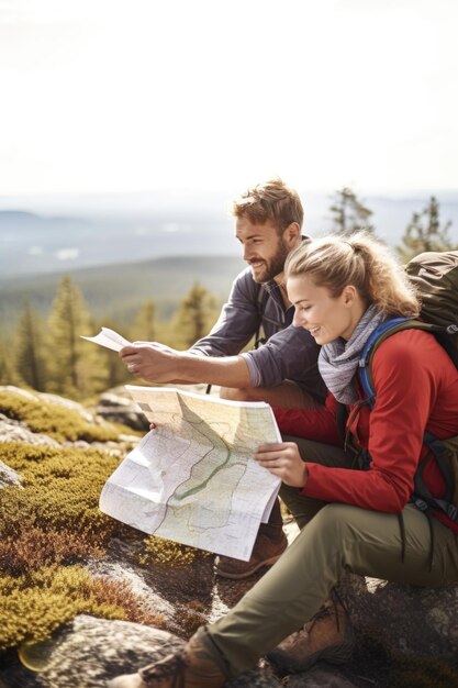 Aufnahme von zwei Freunden, die mit einer Karte sitzen, während sie in den Bergen wandern, erstellt mit generativer KI