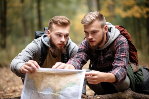 Aufnahme von zwei jungen Männern, die beim gemeinsamen Zelten eine Karte halten und lesen, erstellt mit generativer KI