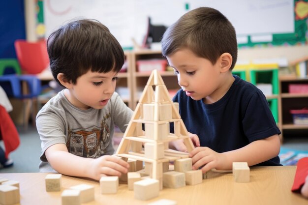 Aufnahme von zwei kleinen Jungen, die in der Schule eine Struktur aus Blöcken bauen, die mit generativer KI erstellt wurde