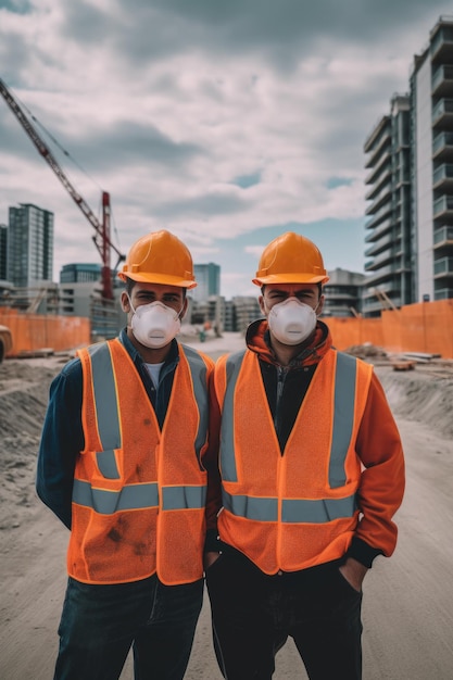 Aufnahme von zwei maskierten Männern, die auf einer Baustelle arbeiten