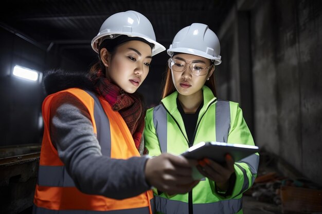 Aufnahme von zwei Mitarbeitern, die ein digitales Tablet in einer Recyclinganlage benutzen