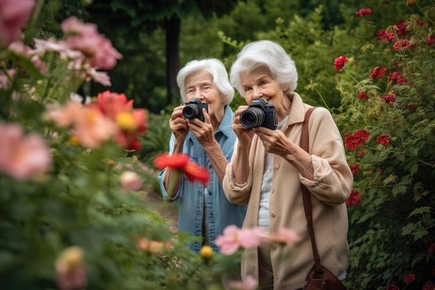 Aufnahme von zwei Senioren, die gemeinsam Fotos machen, während sie durch einen mit generativer KI angelegten Garten spazieren gehen