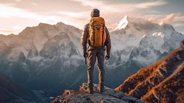 Aufrecht stehend mit dem Rücken Berggipfelwanderer im Himalaya Konzept eines Reisesport-Lebensstils GENERIEREN KI