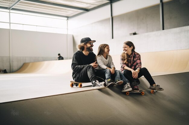 Aufregend und lächelnd Ein abenteuerhafter Tag einer Familie im Indoor-Skatepark