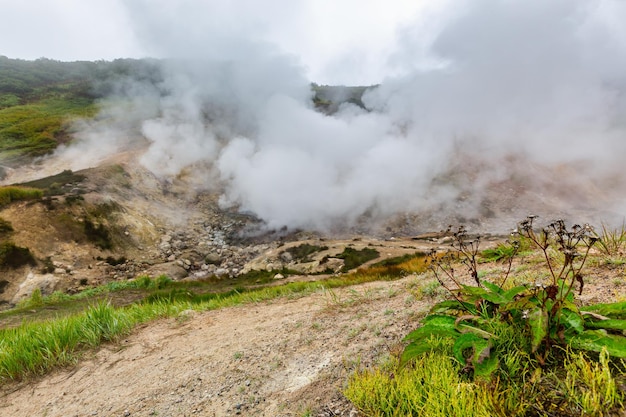 Aufregende Aussicht auf die Vulkanlandschaft, in der die aggressive Aktivität heißer Quellen der Fumarole ausbricht