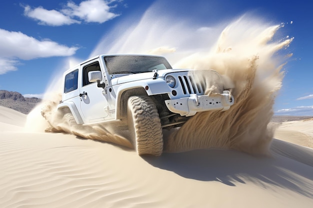 Aufregende Wüstenforschung Jeep fährt mühelos durch die hellen tiefen Sanddünen
