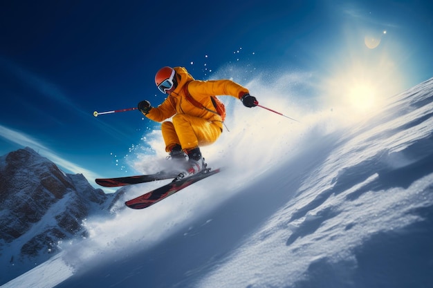 Aufregender Alpenabstieg - Skifahrer fliegt in hohen Bergen