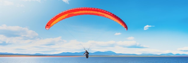 Aufregendes Alpen-Paragliding-Banner an einem sonnigen Sommertag mit Seen und Ebenen
