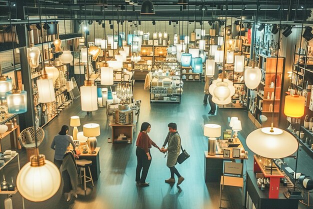 Foto aufregung bei kunden, die lampen und schreibtischleuchten in einer brunnenhalle mit beleuchtungsgeräten testen