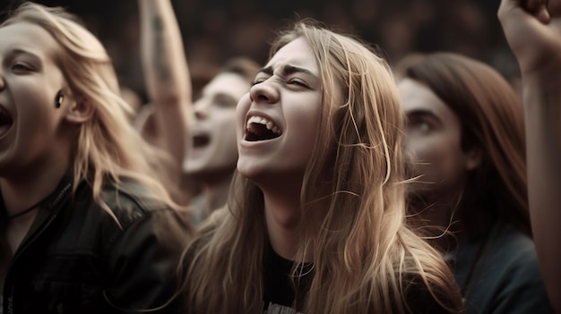 Aufregung und Emotionen eines Mädchens bei einem Rockkonzert. Generative KI