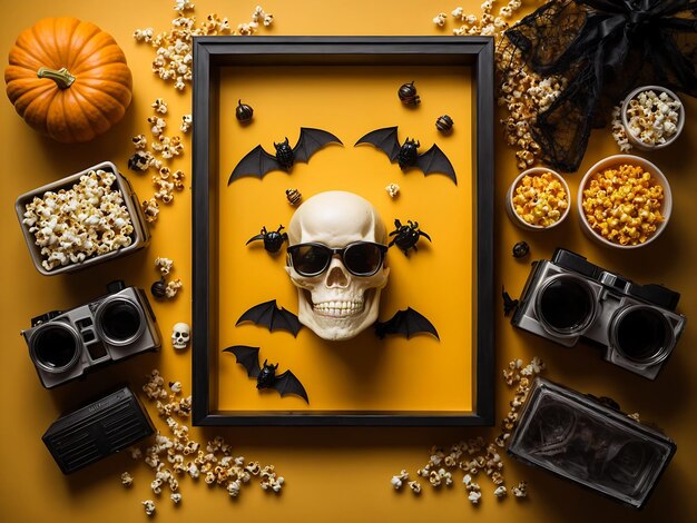 Aufruf an alle Halloween-Filmfanatiker Draufsicht auf thematisch gestaltete Popcornboxen mit Knochenmotiv