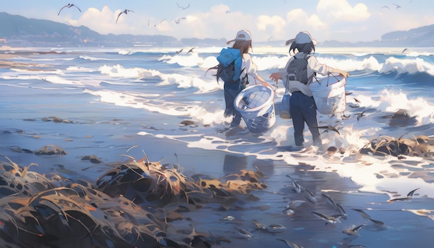 Aufsammeln von Meeresmüll im Makoto-Shinkai-Stil