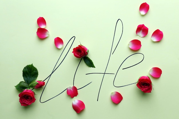 Aufschrift Leben mit rosa Rosen auf grünem Hintergrund