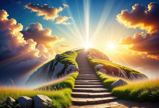 Aufsteigen Sie die himmlische Treppe, einen Weg zum Licht des Paradieses im Himmel, der den Weg des Jenseits hervorruft.