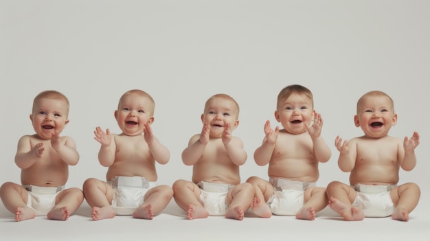Aufstellung von liebenswerten Babys, die zusammen auf weiß sitzen und lachen