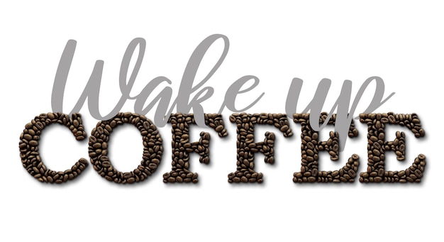 Foto aufwachen kaffee typografie zitat kaffeebohne design schriftzug zitat 3d-rendering