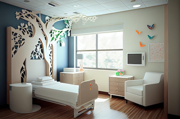 Aufwändig gestaltetes Krankenhauszimmer mit modernen und minimalistischen Möbeln