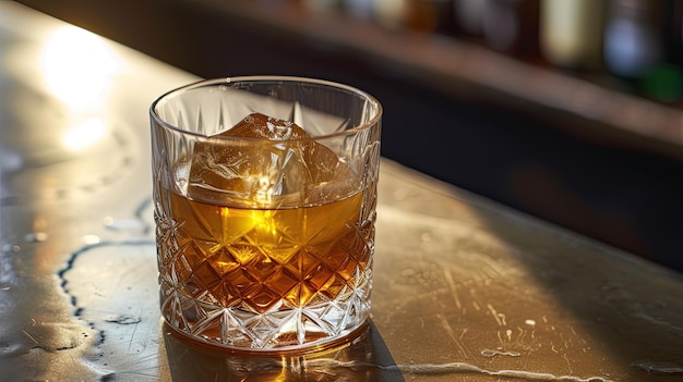 Aufwändiger Bourbon-Cocktail in einem Kristallglas mit Eiswürfeln Alkohol Glas Bar Club Genießen Sie aromatische Getränke und die Gesellschaft von Freunden Konzept Generativ von KI