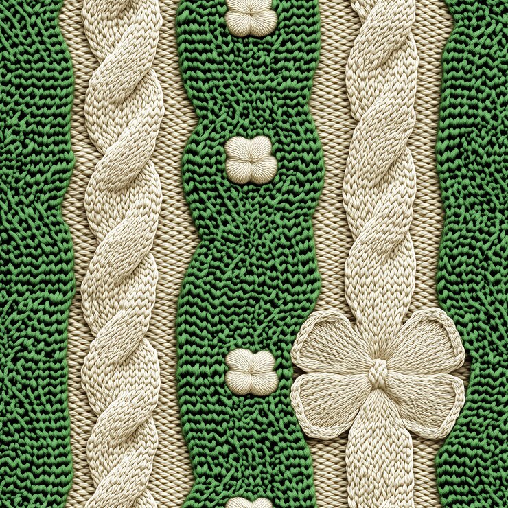 Aufwändiges geflochtenes und gestricktes Design mit grünem und beigefarbenem Garn mit blumigen und geometrischen Mustern