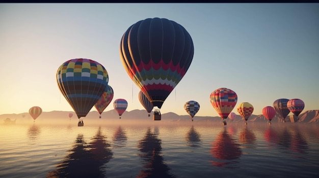 Aufwärts und über dem Meer schweben bunte Heißluftballons