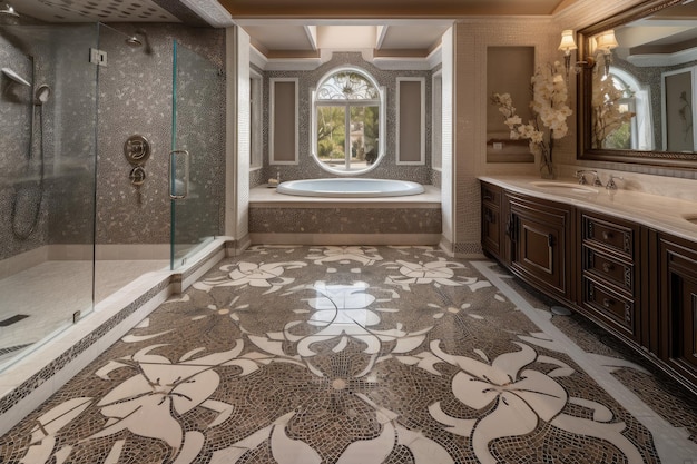 Aufwendiger Mosaikfliesenboden im luxuriösen Badezimmer