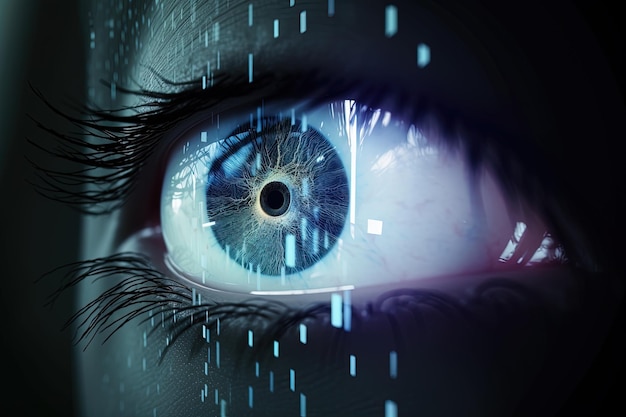 Auge mit Technologie für futuristische VR-Biometrische und Netzhaut-Scanning-Sicherheit persönlicher Daten