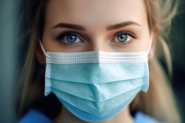 Augen der Yong-Frau-Arztin Close-up-Porträt einer Frau mit medizinischer Maske, um eine Infektion mit dem Coronavirus zu verhindern