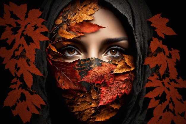 Augen einer muslimischen schönen orientalischen Frau mit Herbstlaub Generative AI