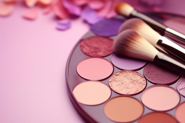 Augenschattenpalette, Make-up-Bürsten, Blush und Gesichtspuder auf pastellrosa Hintergrund, KI-generiert