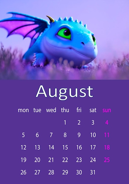 Foto augustdragoncalendario vectorial europeo simple de 2024 años